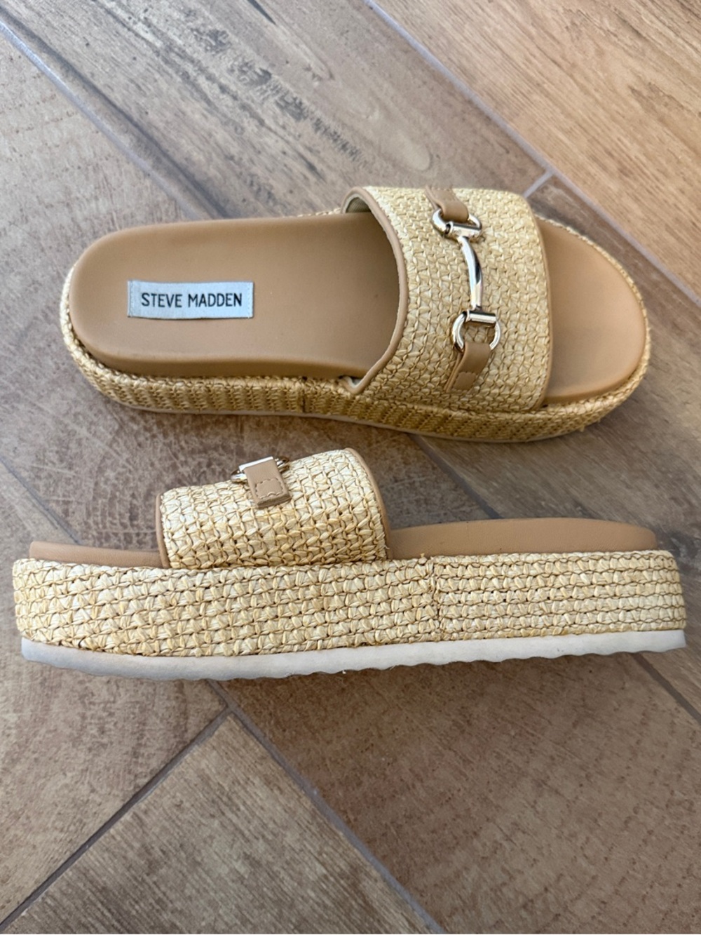 Steve Madden Natural Raffia Slide Sandals with Gold Bit - Picture 2 of 4